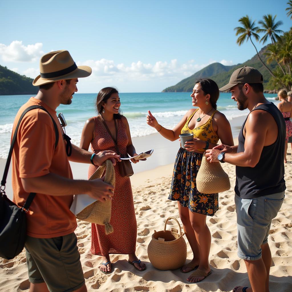 Tourists interacting with locals on an African beach, engaging in cultural exchange and respectful conversation.