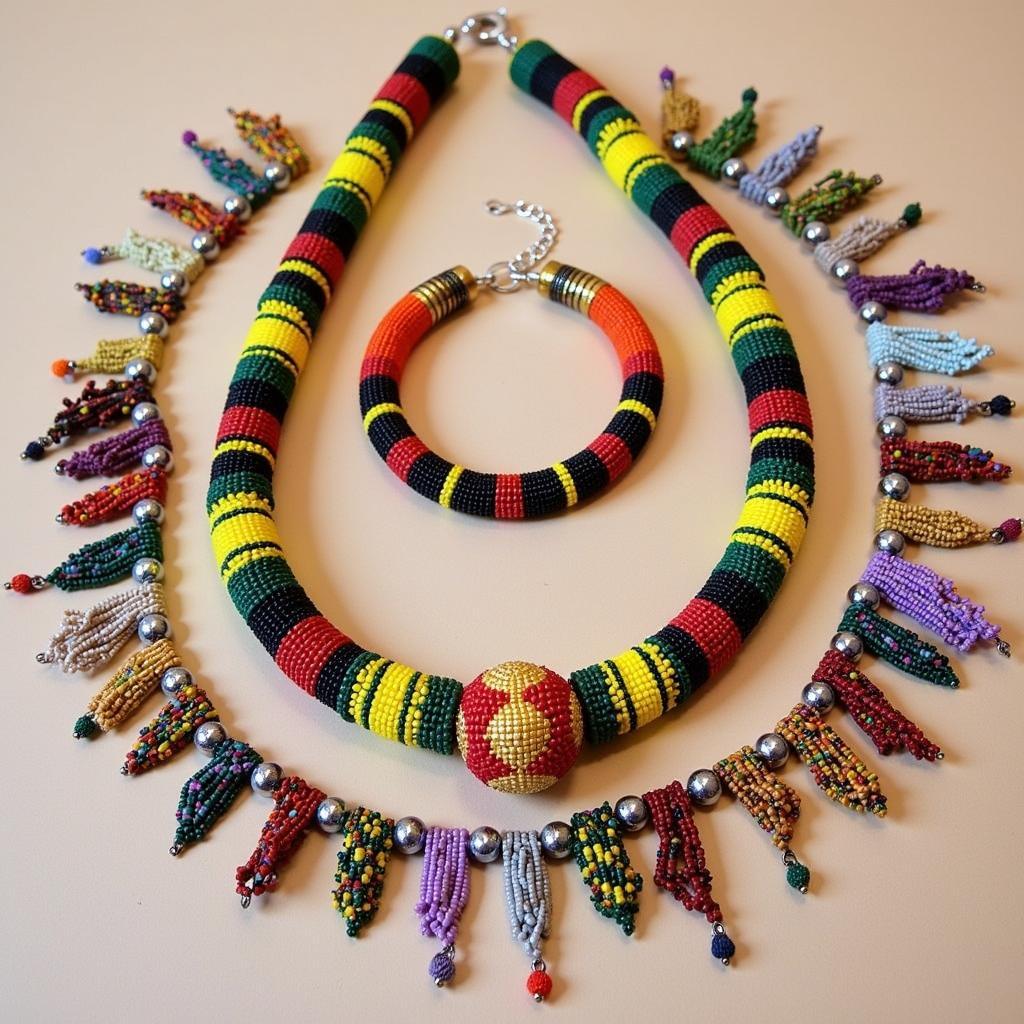 Colorful African beaded jewelry, including a necklace and bracelet.