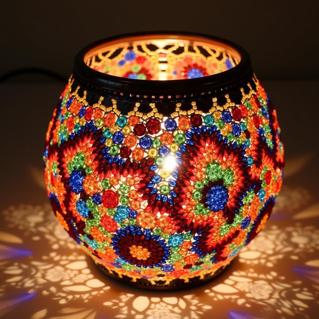 A vibrant African beaded lamp, showcasing the intricate beadwork and colorful design typical of South African craftsmanship.