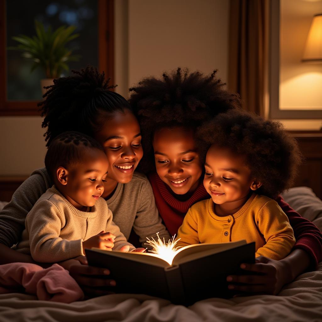 Family enjoying African bedtime stories together