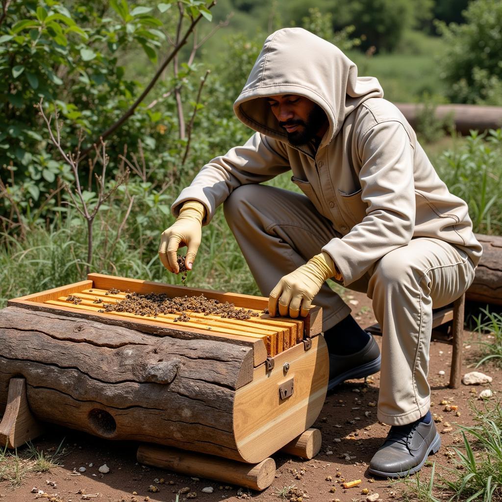 African Beekeeper with Traditional Hive