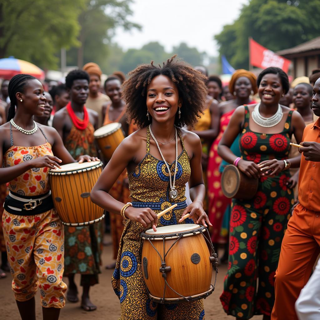 People dancing and playing music at an African birthday celebration