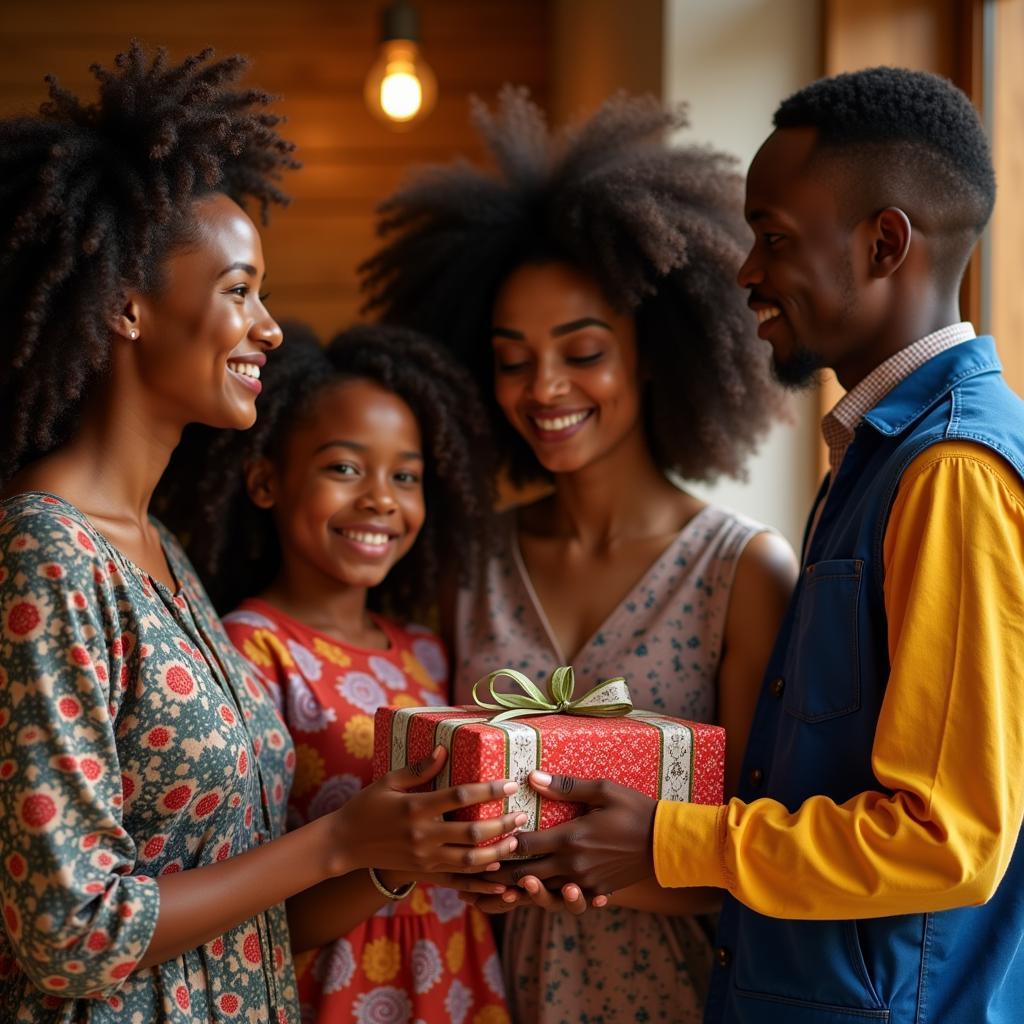 Family exchanging gifts at an African birthday celebration