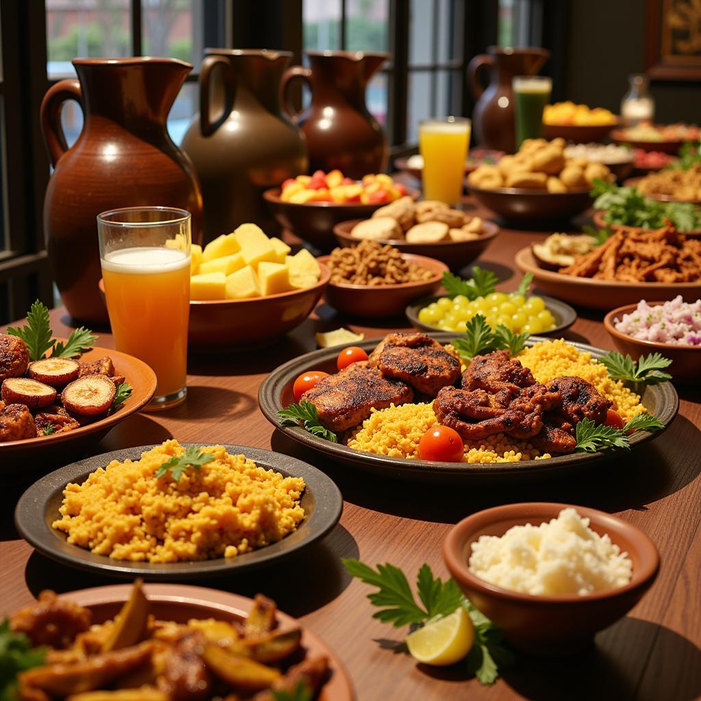 A table laden with delicious African dishes and refreshing drinks.