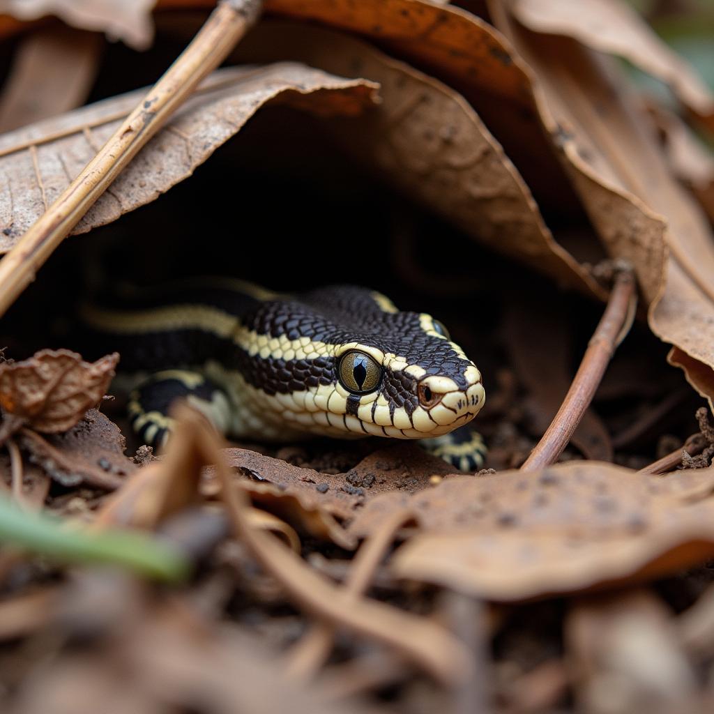 An African Bitis Viper expertly camouflaged in dry leaves, illustrating its ambush hunting strategy.