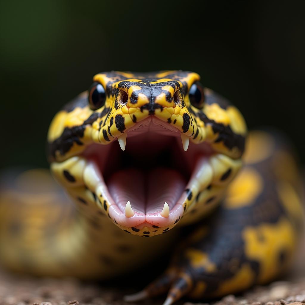 Detailed view of an African Bitis Viper's venomous fangs, highlighting their potential danger.