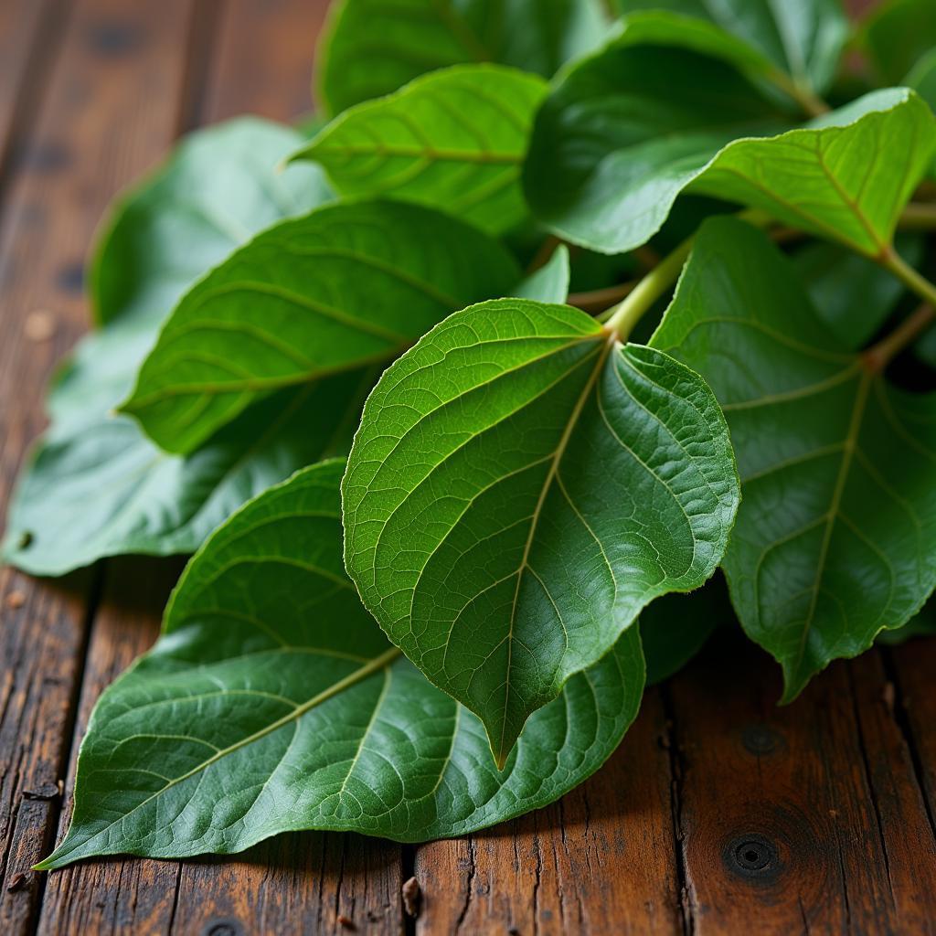 Fresh African Bitter Leaf on a Wooden Table