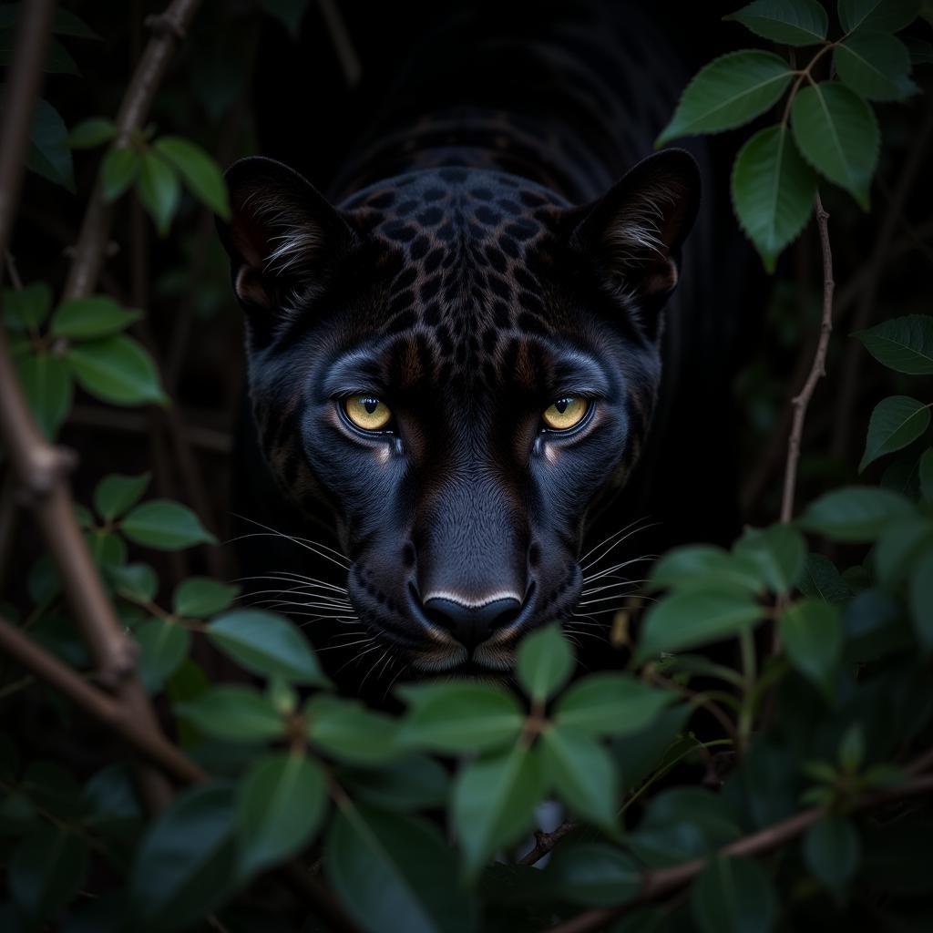 African Black Leopard Camouflaged in Dense Forest