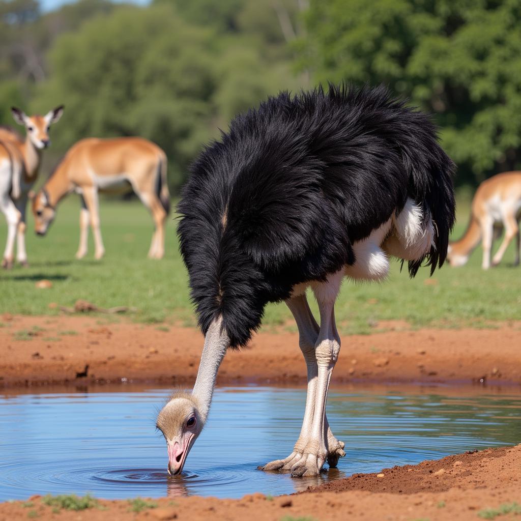 African Black Ostrich Drinking at a Waterhole