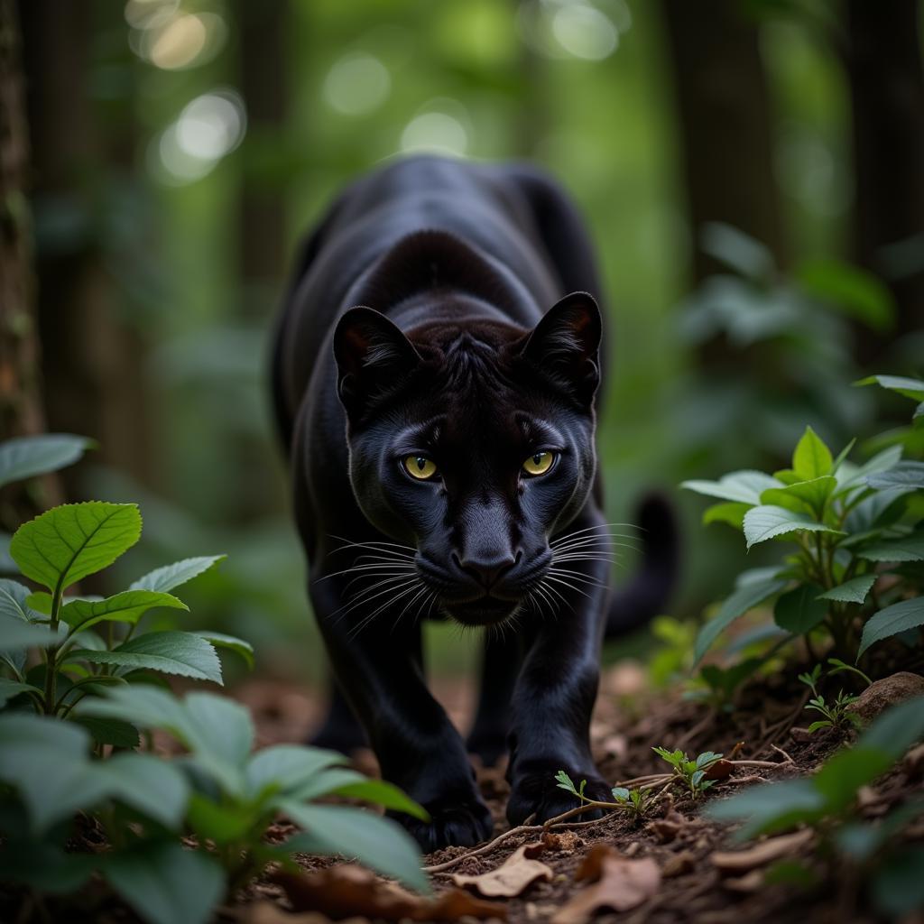 A black panther camouflaged in the dense African forest, its dark coat blending seamlessly with the shadows and foliage.