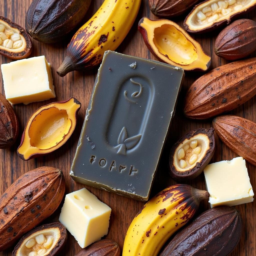 Close-up of African black soap ingredients: plantain peels, cocoa pods, shea butter, and palm kernel oil.