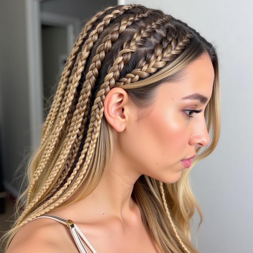 Close-up of intricate african blond micro braids hairstyle