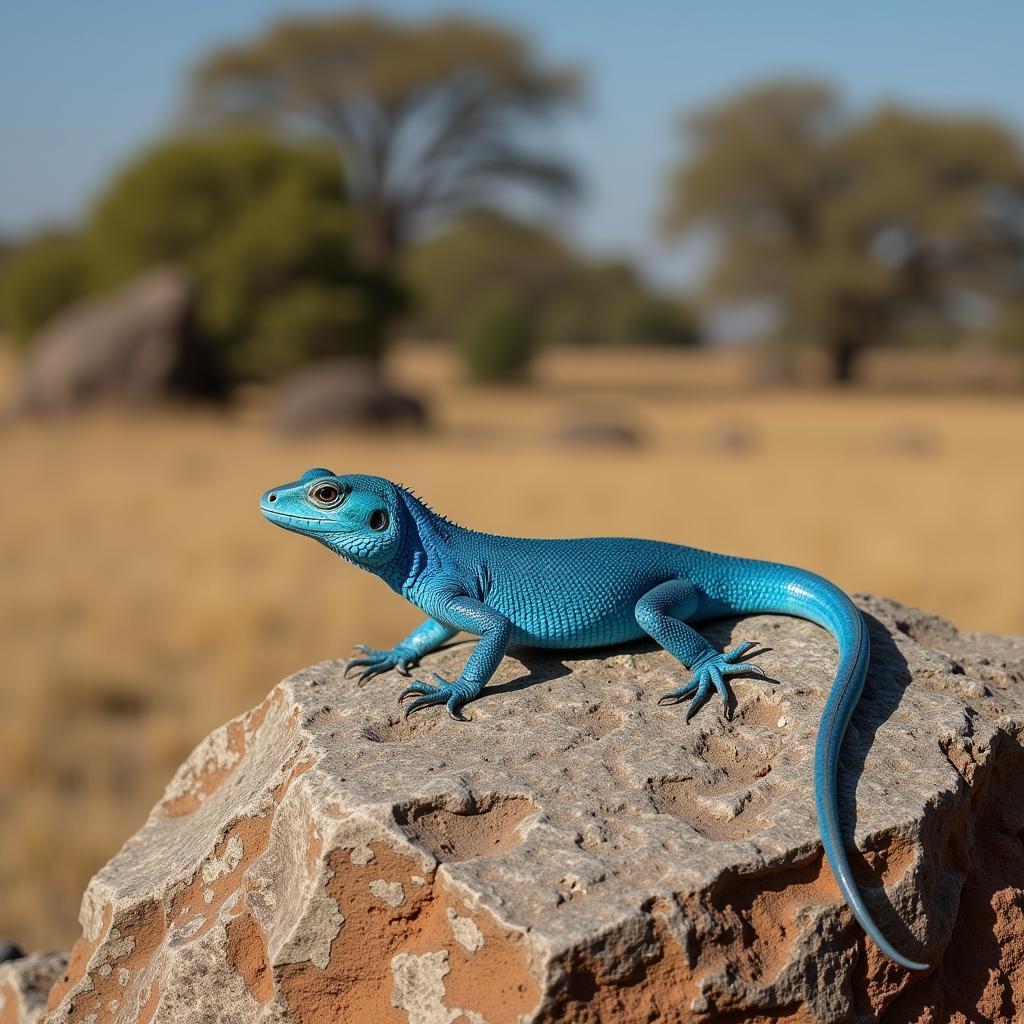 Blue Lizard Basking on a Rock in the African Savanna