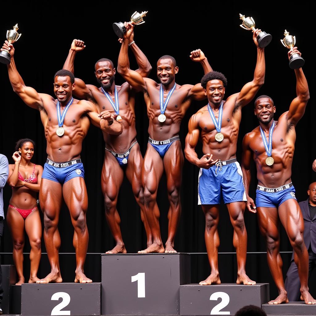 African bodybuilders celebrating their victories at a bodybuilding competition.