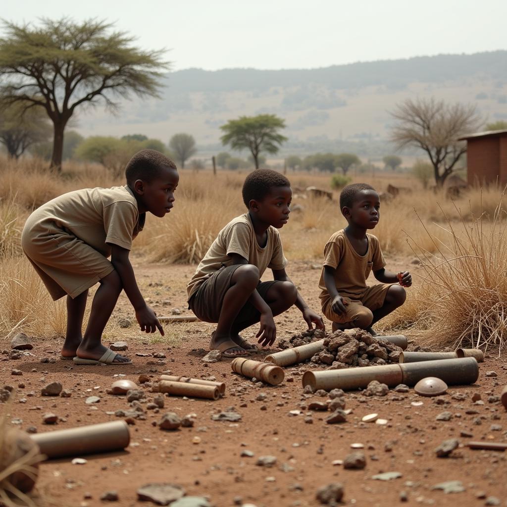 Children in African conflict zones amidst bomb remnants