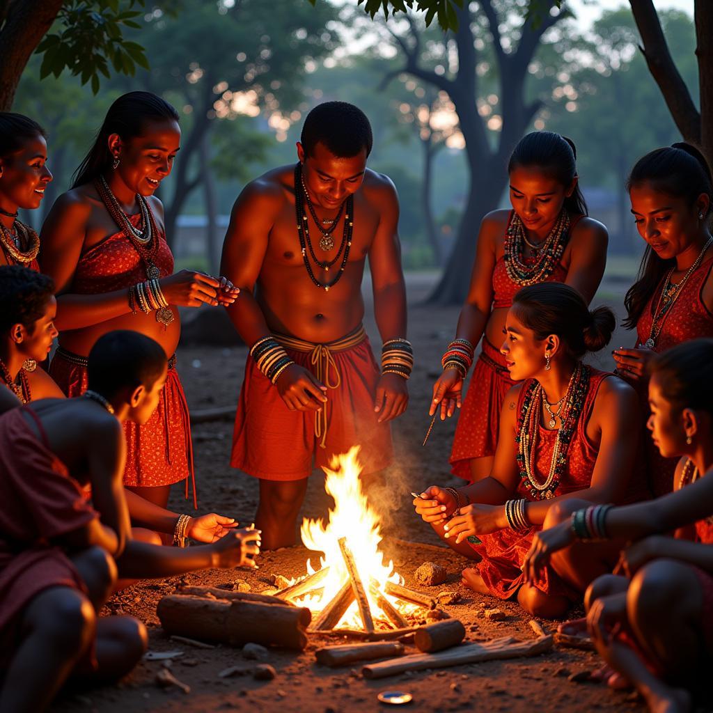 African Bond Bondali Ritual: Depicting a group of people gathered around a fire, participating in a traditional ceremony, adorned with symbolic attire and accessories.