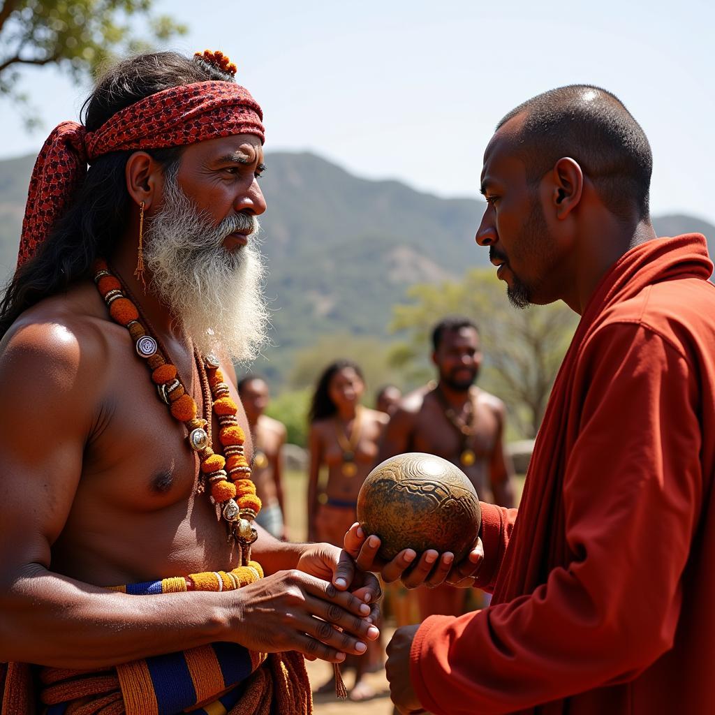 African Bond Bondali Spiritual Leaders: Showing two spiritual leaders, distinguishable by their distinct attire and ceremonial objects, guiding the participants of a Bond Bondali ceremony.