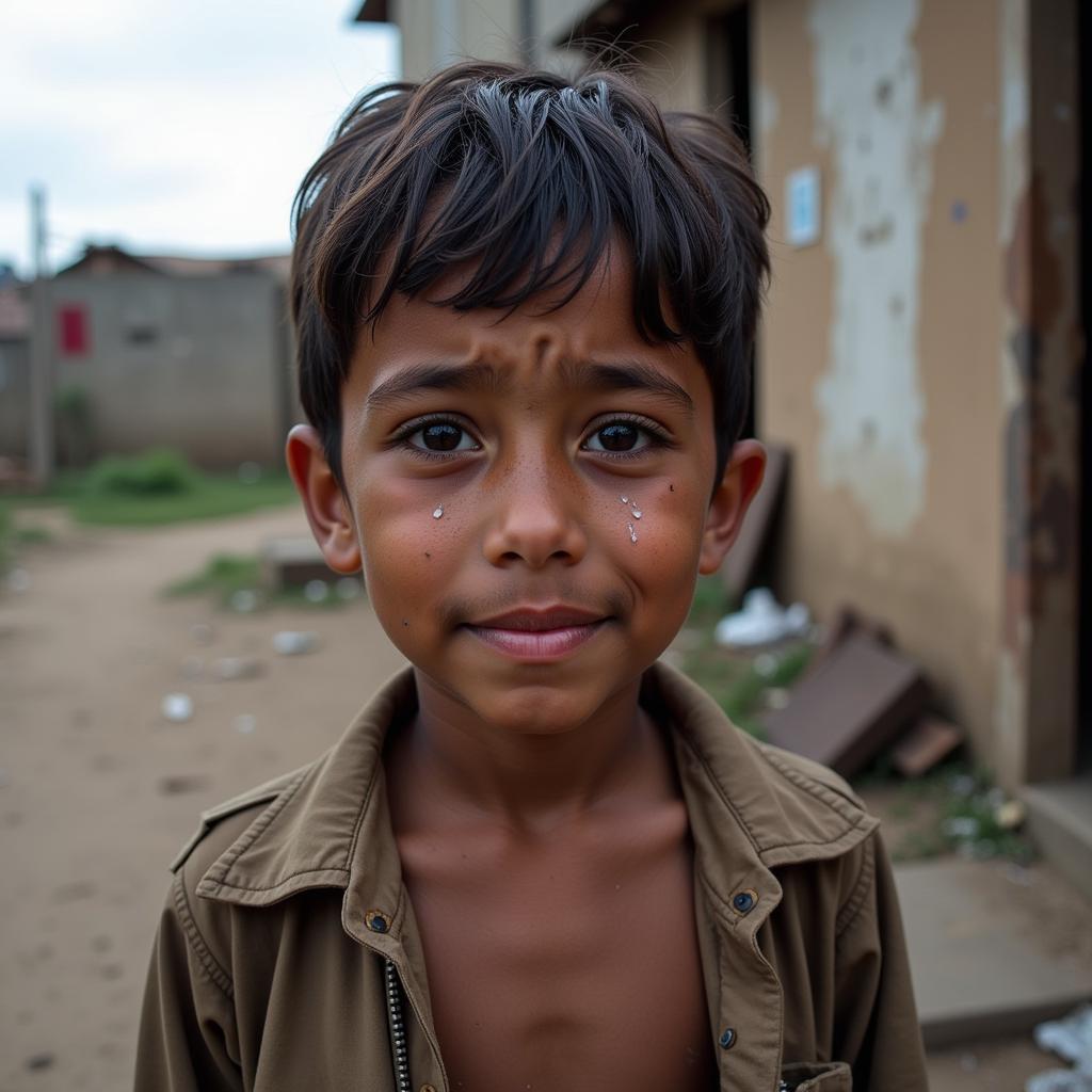 A young African boy crying amidst a backdrop of poverty