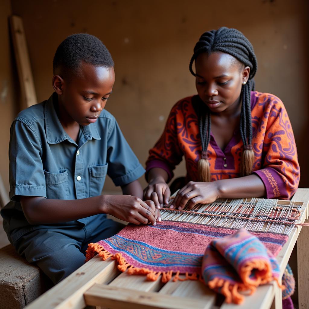 African boy learning traditional weaving techniques