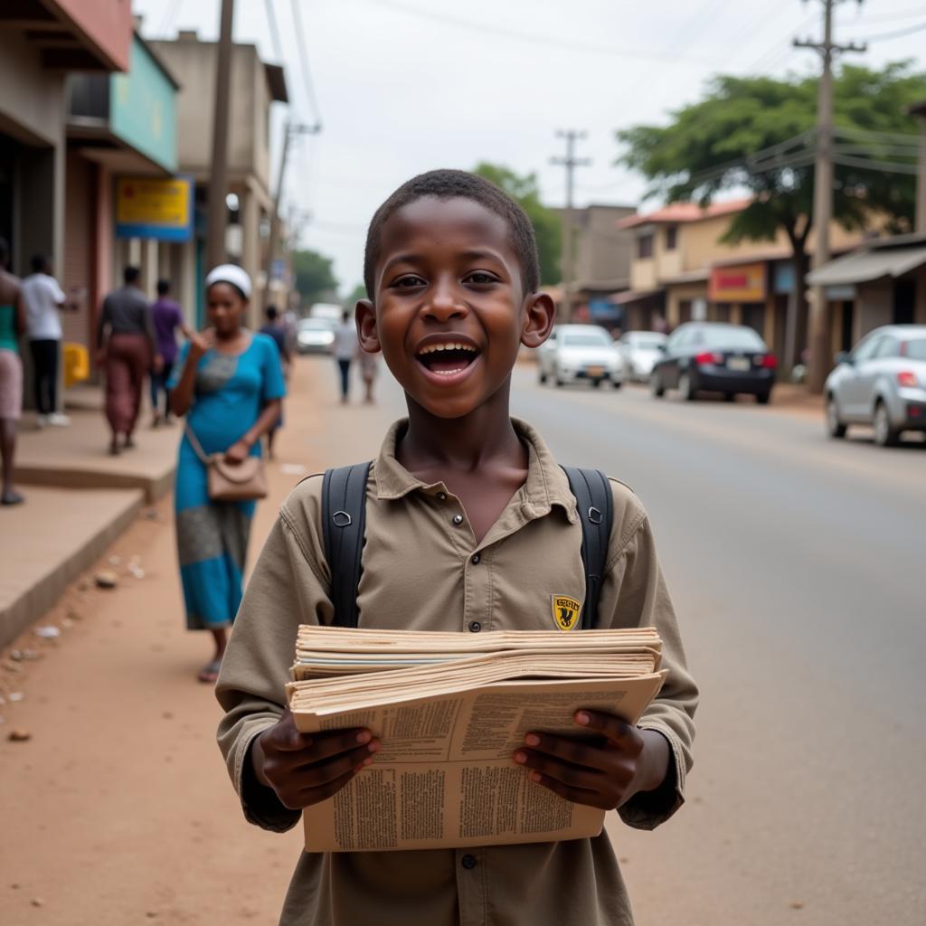 An African boy selling newspapers on a busy street corner, showcasing the hustle and bustle of city life.