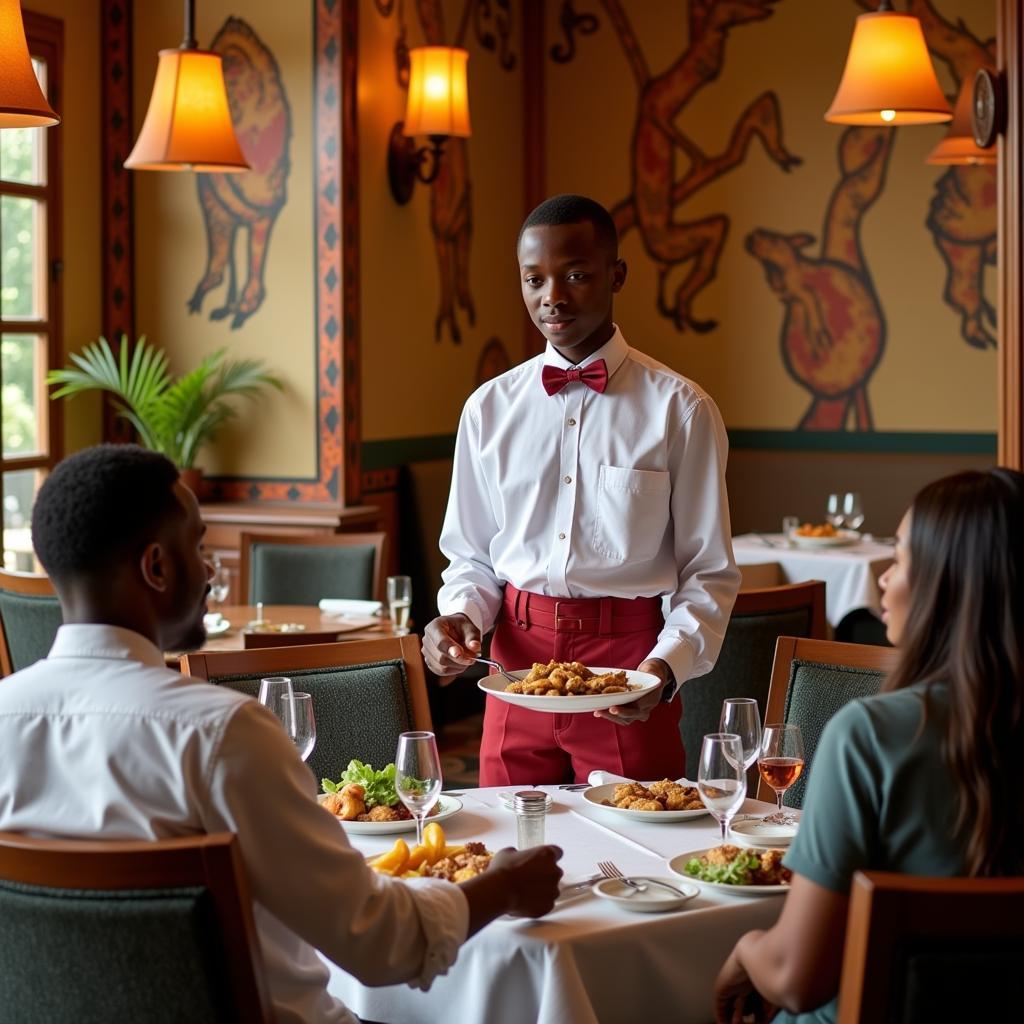 African Boy Waiter Serving Guests in a Hotel Restaurant