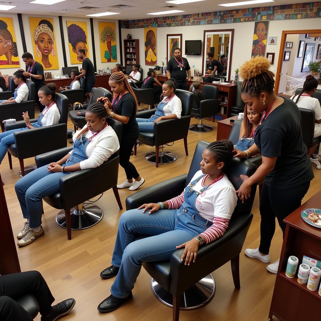 African braiding shop interior with customers