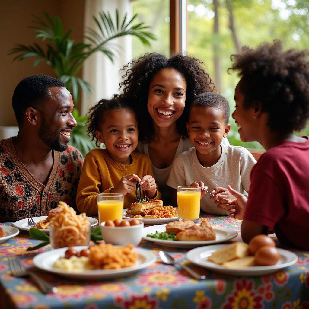 A family enjoying a traditional African breakfast together around a table.