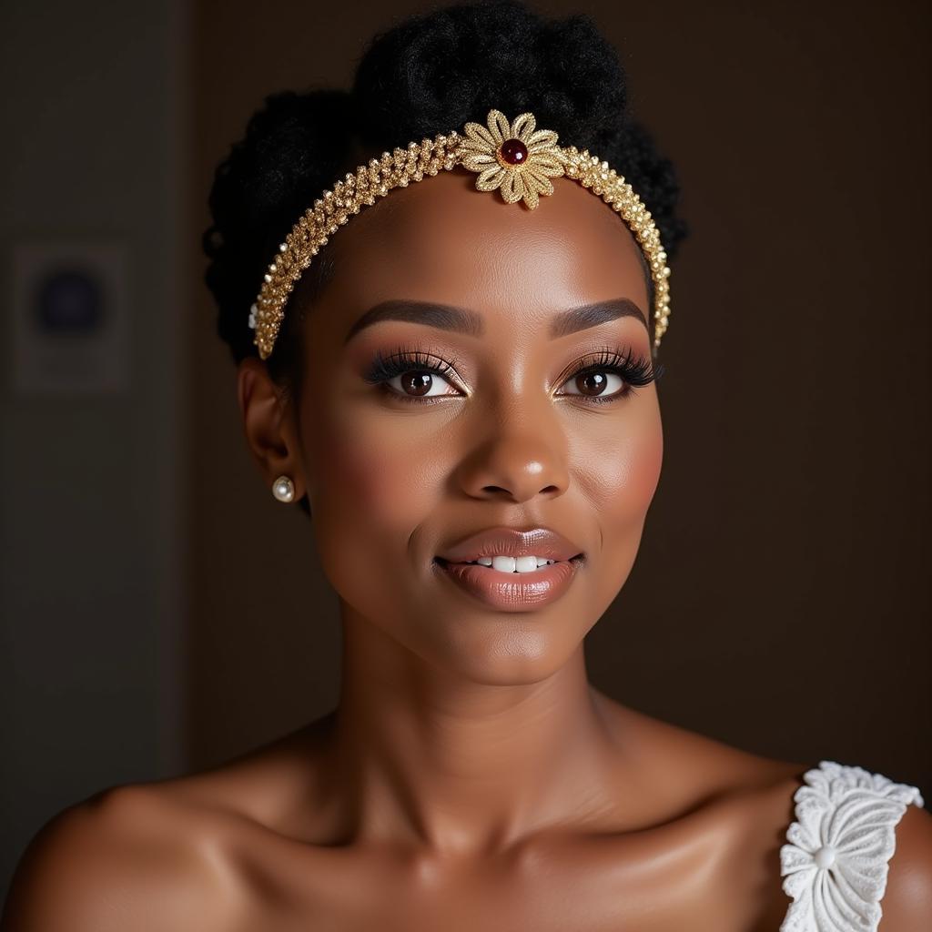 African Bride with Short Hair and Gold Headband