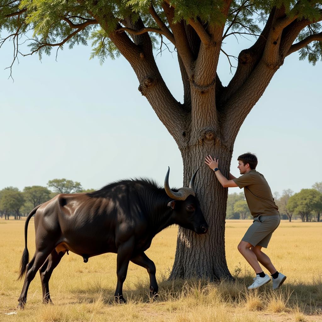 Tourist Dodging a Charging Buffalo