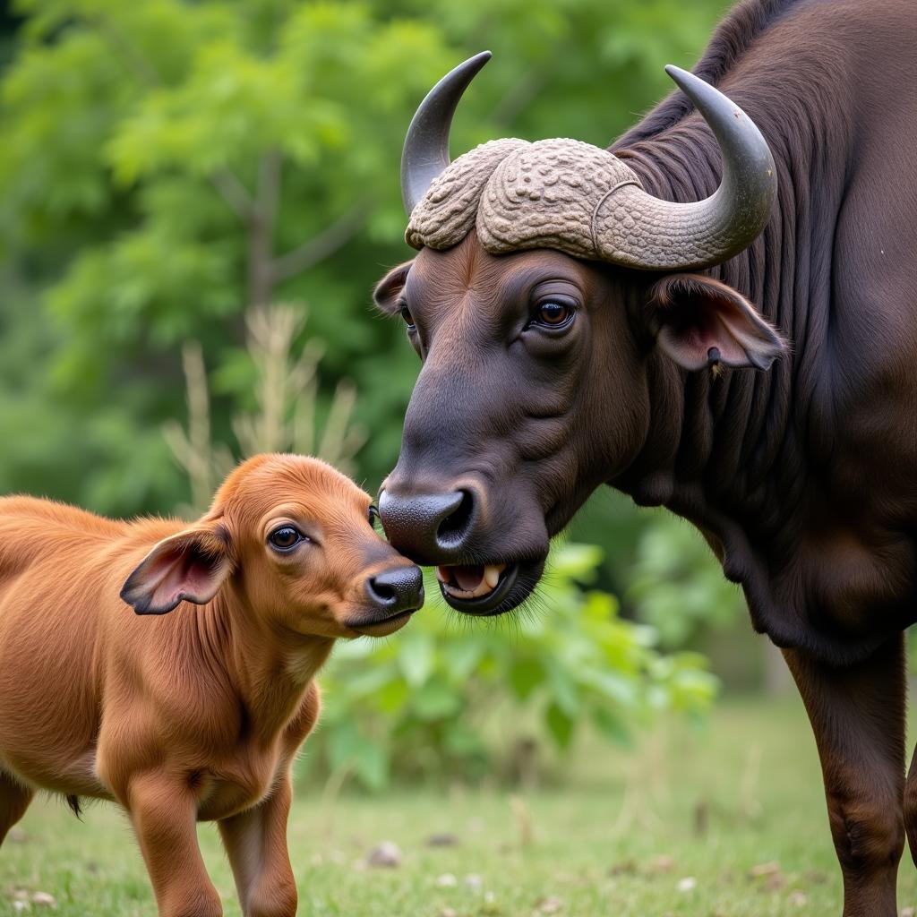 African Buffalo Calf with Mother