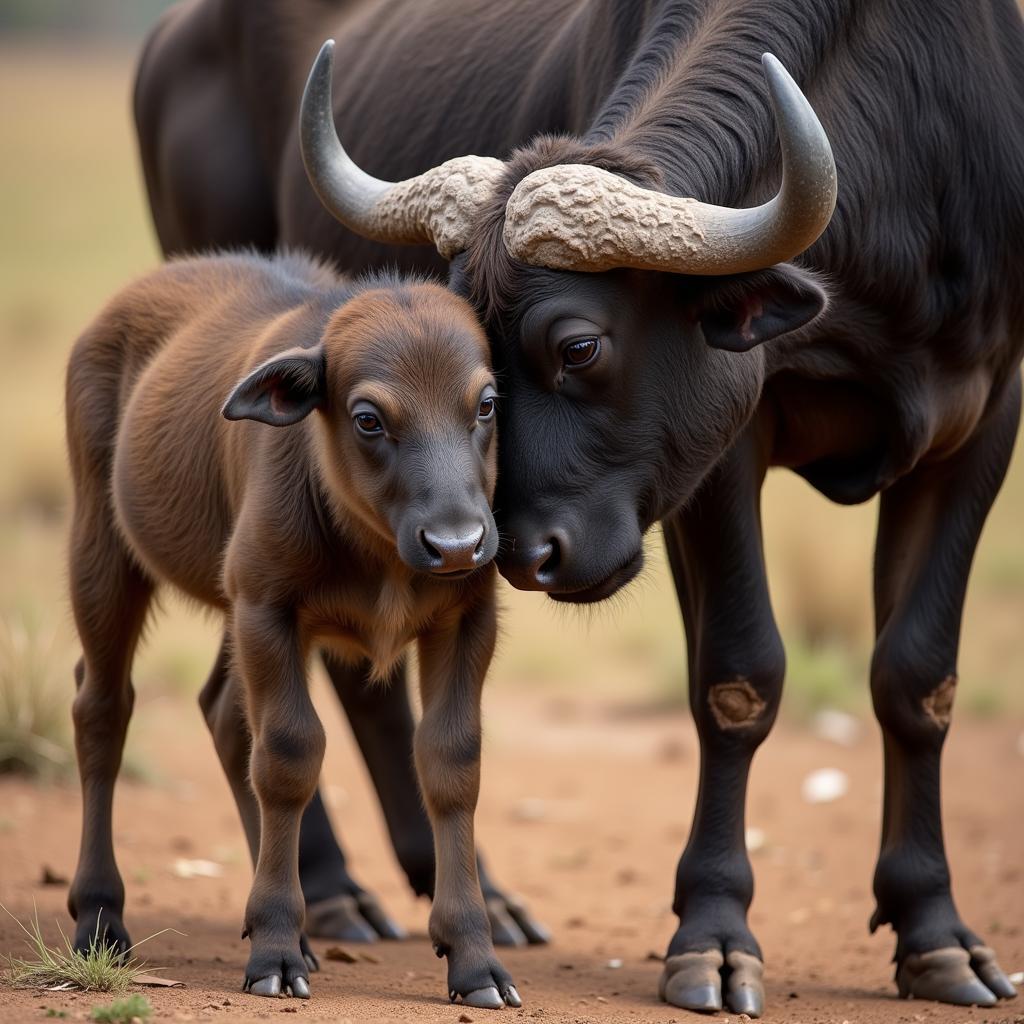 African Buffalo Calf with Mother