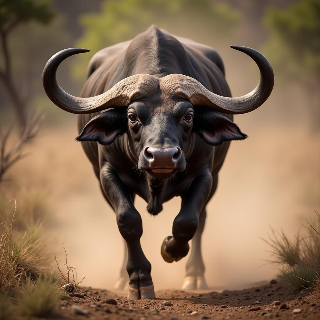 African Buffalo Charging in Threat Display