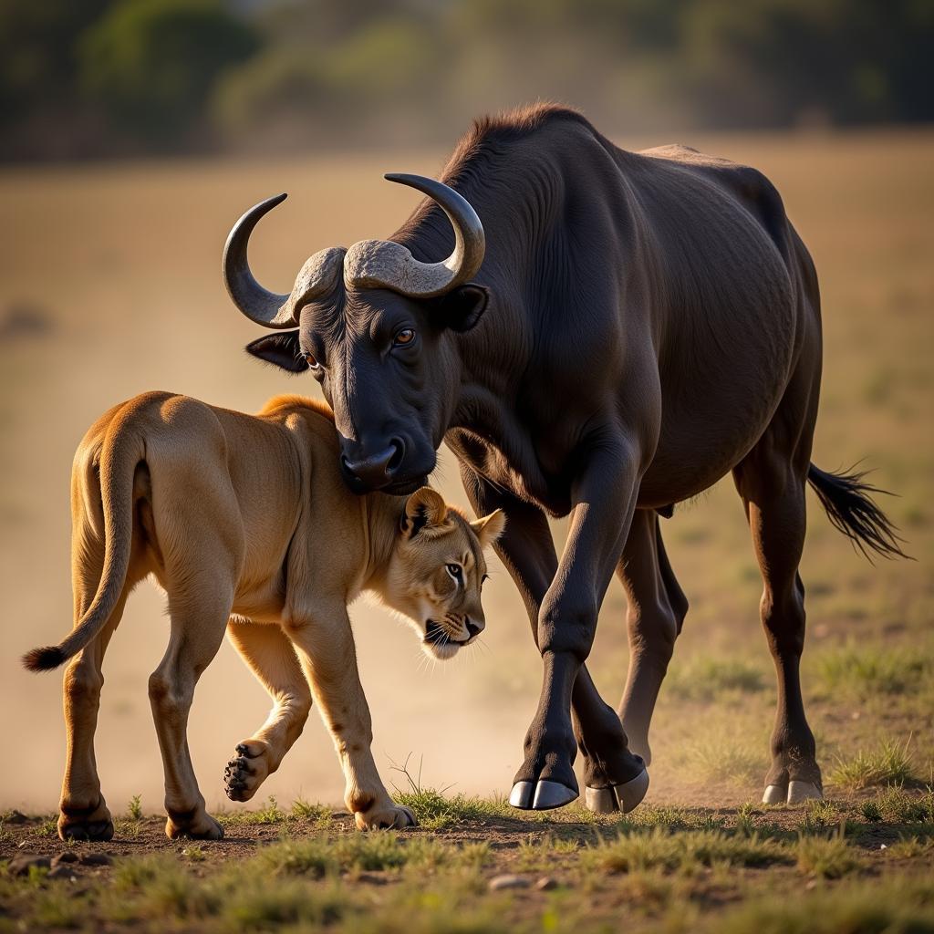 African Buffalo Defending Calf from Lion