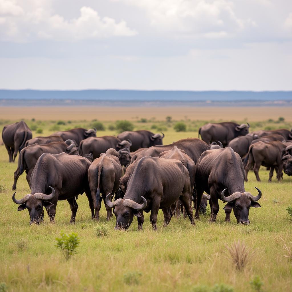 African Buffalo Herd Grazing in the Savanna