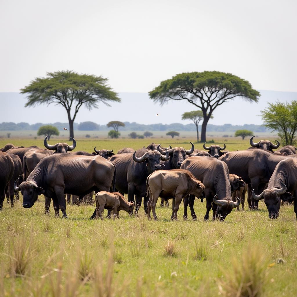 African Buffalo Herd Grazing in Savanna