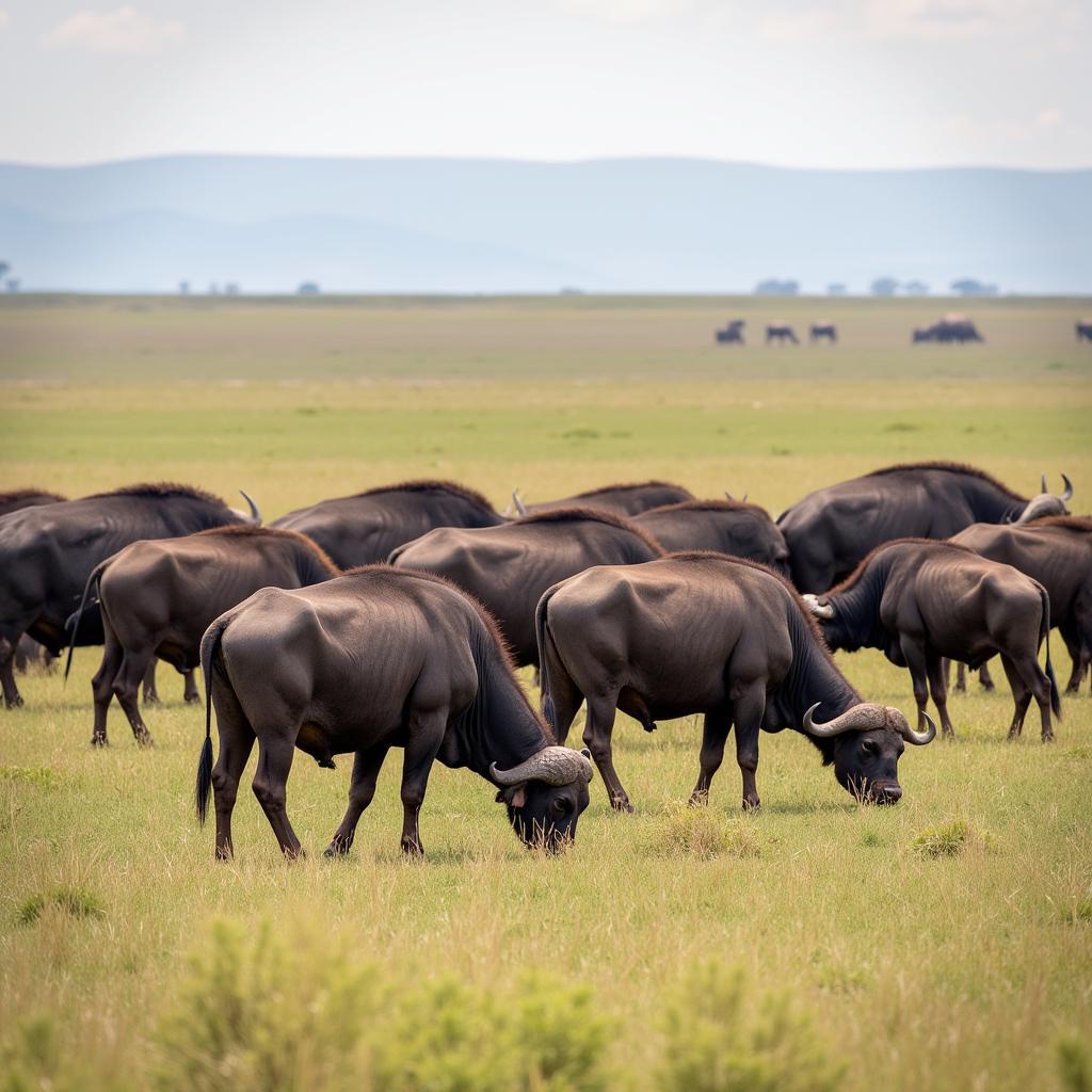 African Buffalo Herd Grazing in the Savanna