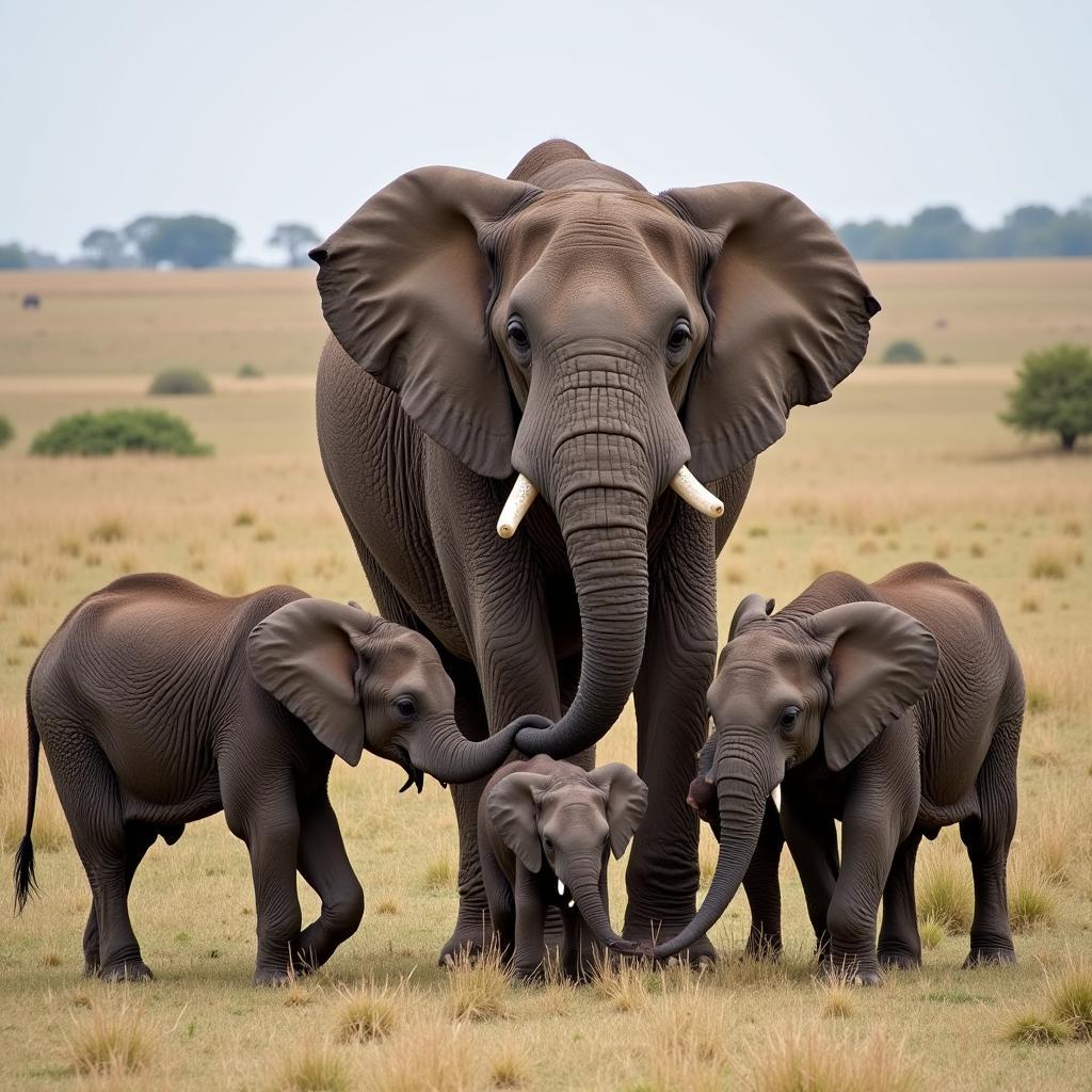 An African bull elephant interacting with a family group of females and calves