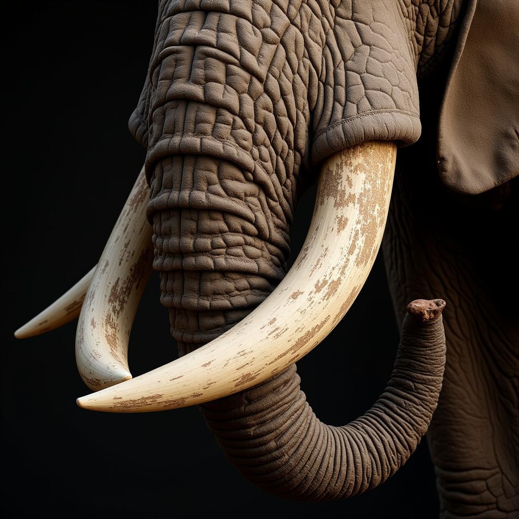 Close-up view of an African bull elephant's tusks, highlighting their size and texture