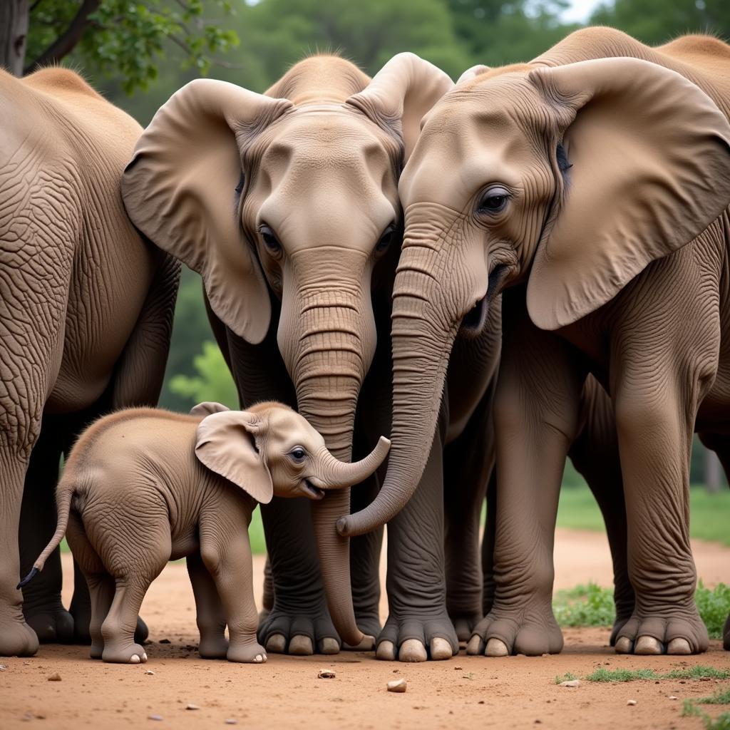 African Bush Elephant Family: Allomothering a Calf