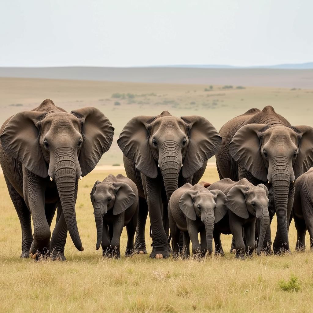 African Bush Elephant Family Group: A family group of elephants walks across the savanna, showcasing their social structure and emphasizing the importance of conservation efforts to protect these vulnerable animals.