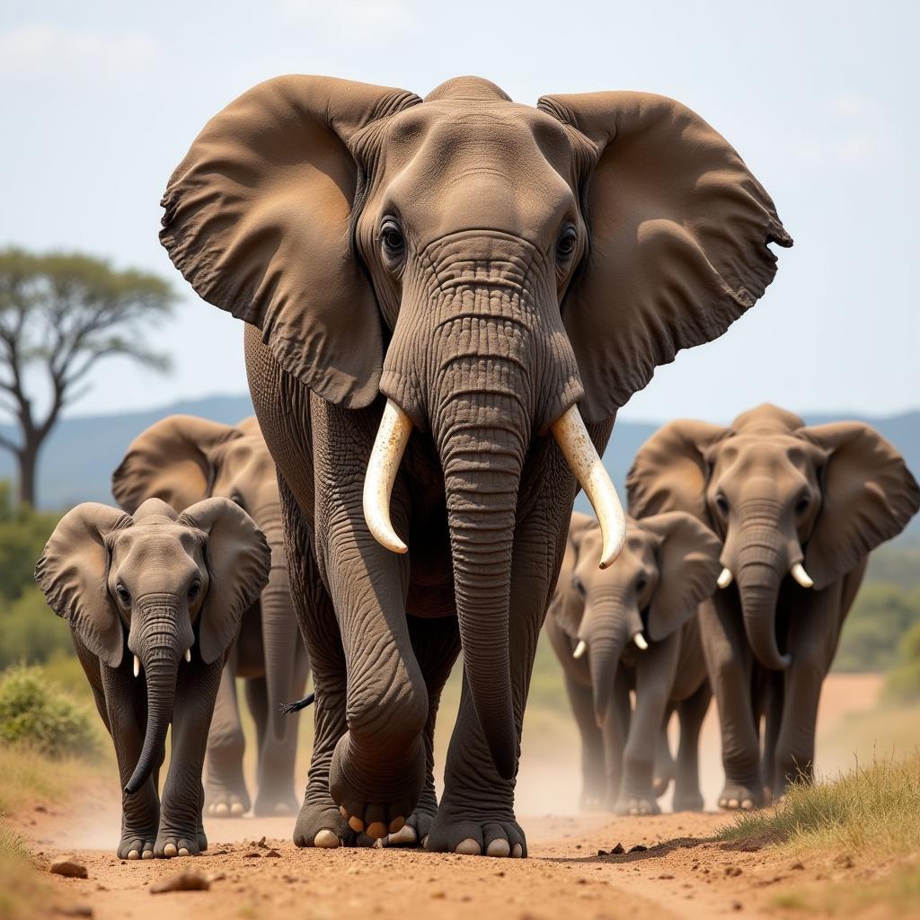 African Bush Elephant Family: Matriarch Leading Herd