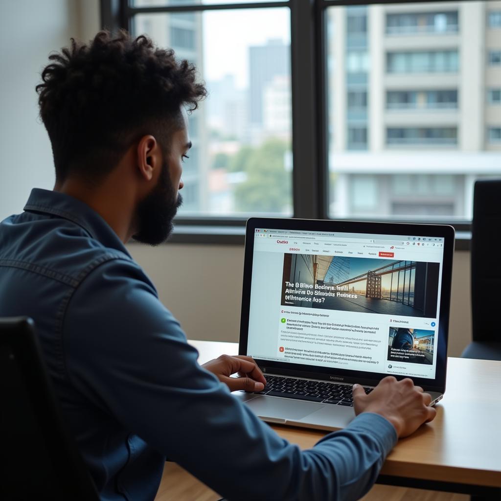 A person reading African business news on a laptop