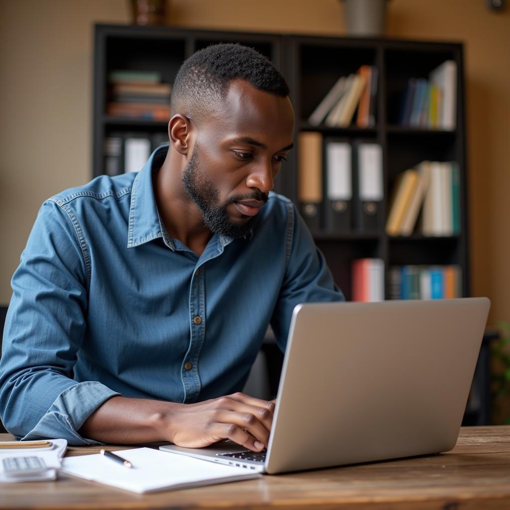 African Business Owner Using Laptop for Verification