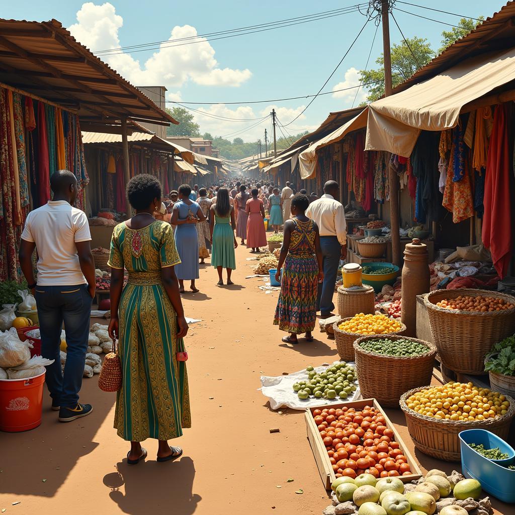 A bustling African market showcasing a diverse range of goods and services, highlighting the vibrant nature of African business trade.