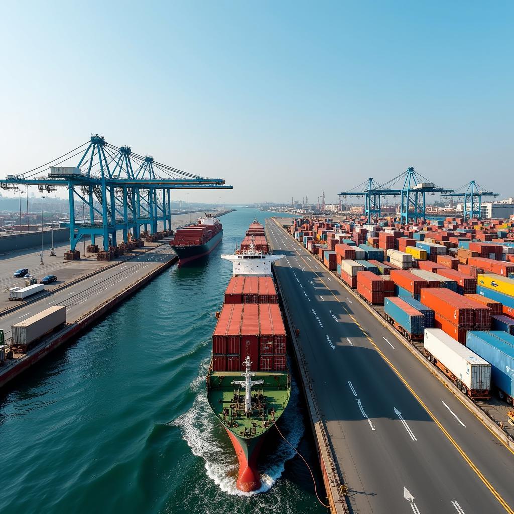 A modern port facility in Africa with cargo ships and cranes, showcasing improvements in infrastructure supporting trade.