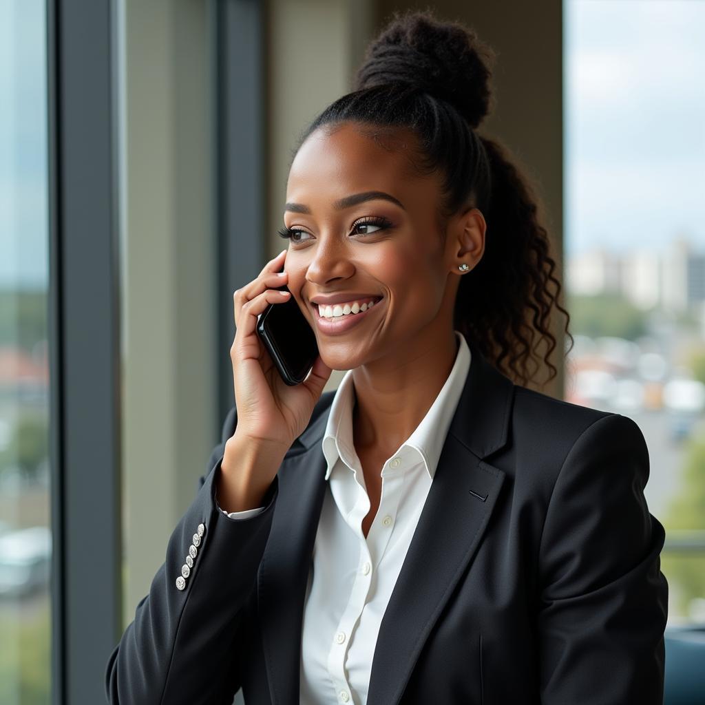 An African Businesswoman Making an International Call on Her Mobile Phone