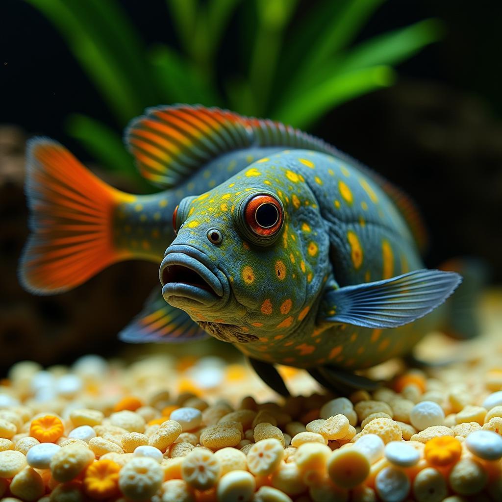 African Butterfly Cichlid Feeding on Flakes