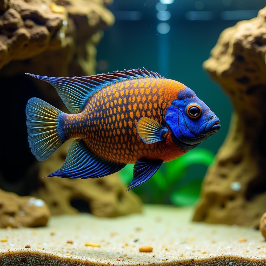 African Butterfly Peacock Cichlid in a well-maintained aquarium.