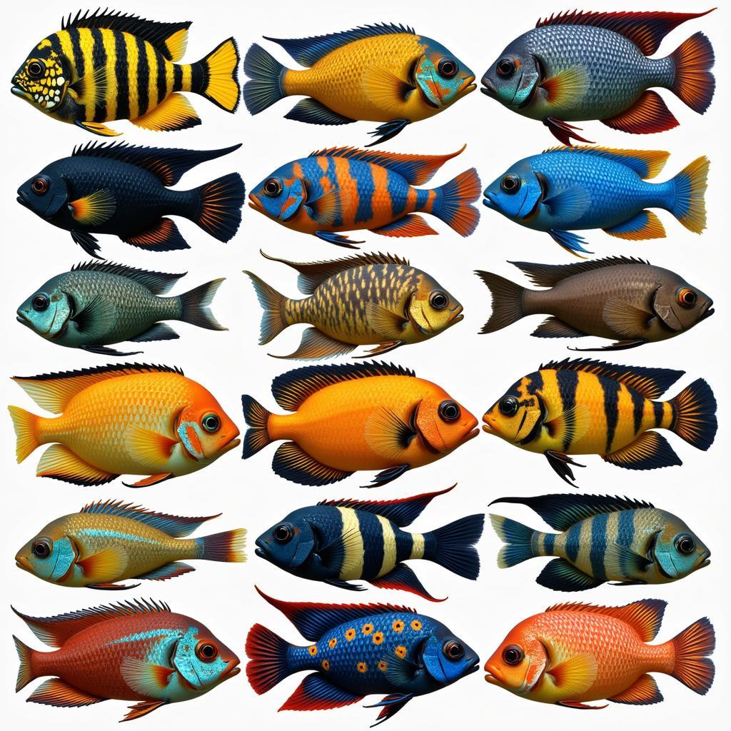 Variety of African Butterfly Peacock Cichlids showing different color morphs.