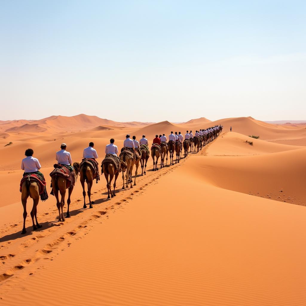 African camel caravan crossing the Sahara Desert